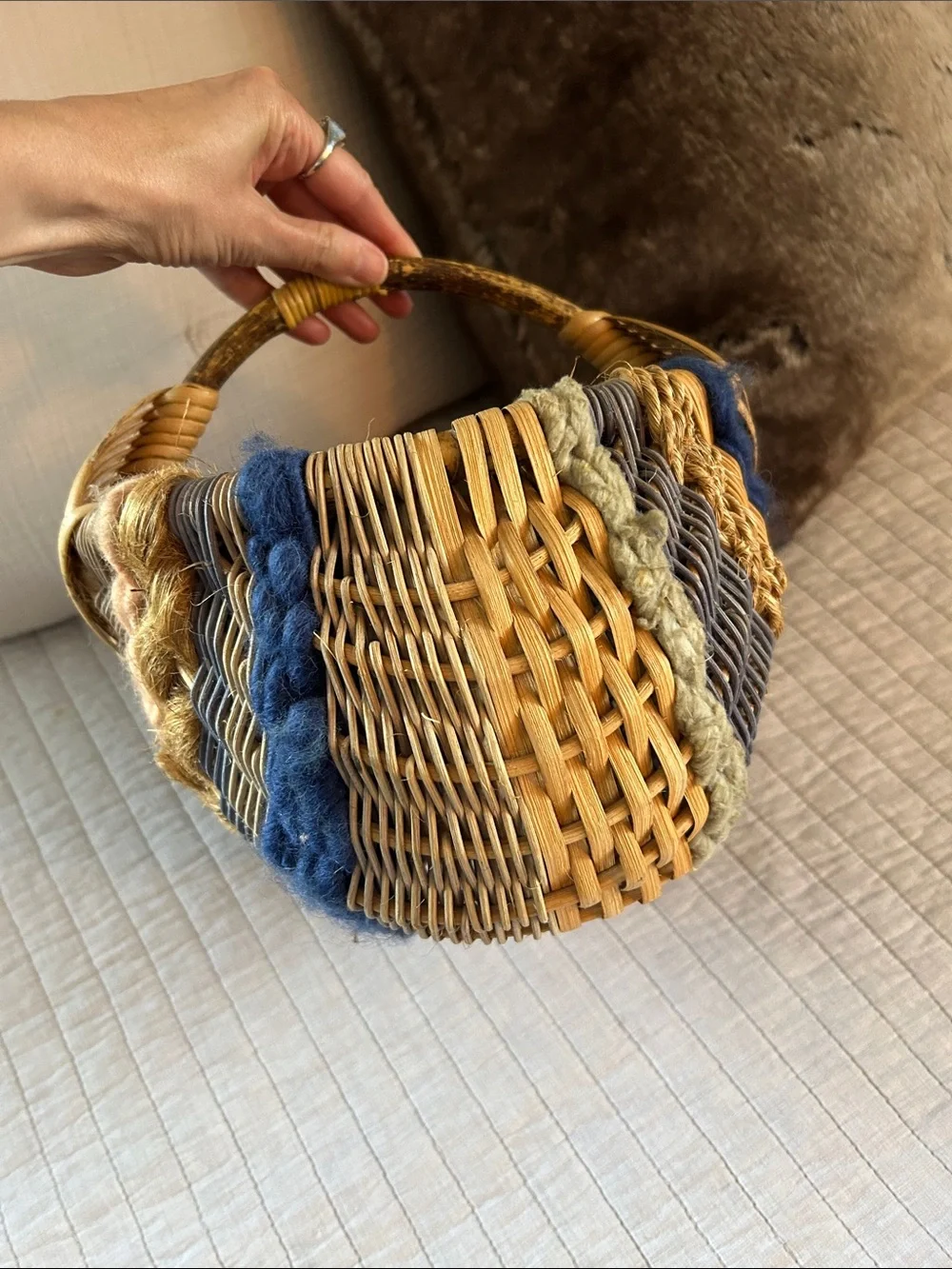 Vtg handmade rare wicker small weaved  basket home decor cottage country